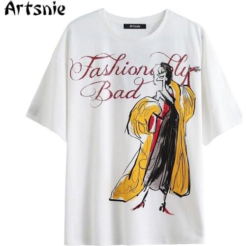 Artsnie disney cartoon print t shirt women summer o neck short sleeve tops female streetwear oversized white t-shirts mujer