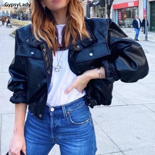 Gypsylady Faux Leather Leather Jacket Cropped PU Black Python Autumn Winter Jacket Pockets Bomber Women Parkas Jackets Coats