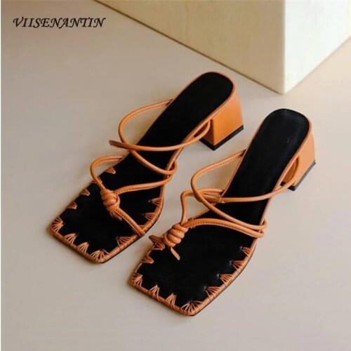 Summer leather square toe Roman style sandals and slippers thin strap combination flip-toe open-toe mid-heel slippers