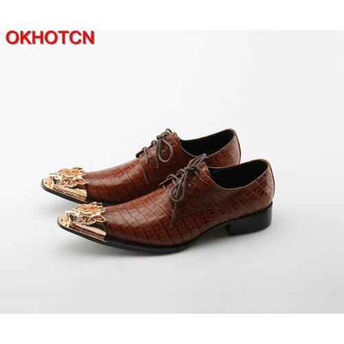 OKHOTCN Men Dress Shoes Luxury Metal Toe Brown Genuine Leather Shoes Lace Up Vintage Oxfords For Men Formal Office Men Shoes