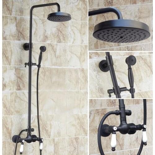 Wall Mounted Black Oil Rubbed Brass Bathroom 7.7" Round Rainfall Shower Faucet Set Dual Ceramic Handles Mixer Tap ars476