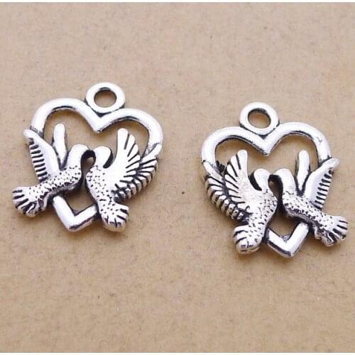 Newest 15 Pieces 15*18mm Mixed Alloy Antique Silver Color Sweet Bird Charms Heart Pendant Accessory For DIY Jewelry Making