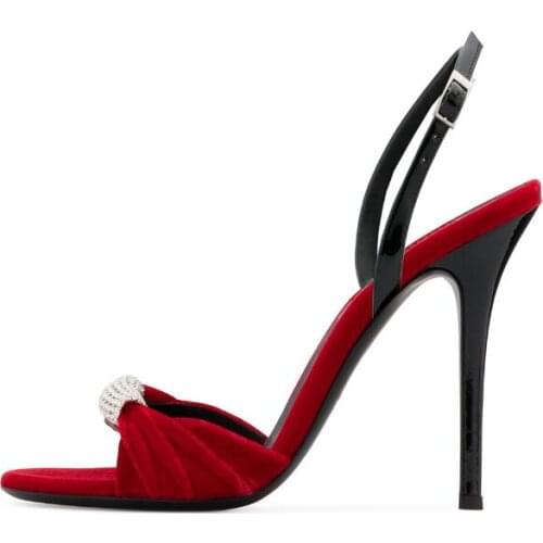 New Red Black Velvet Diamond Peep Toe High Heel Sandals Woman Crystal Bling Slingback Buckle Strap Party Thin Heel Wedding Shoes
