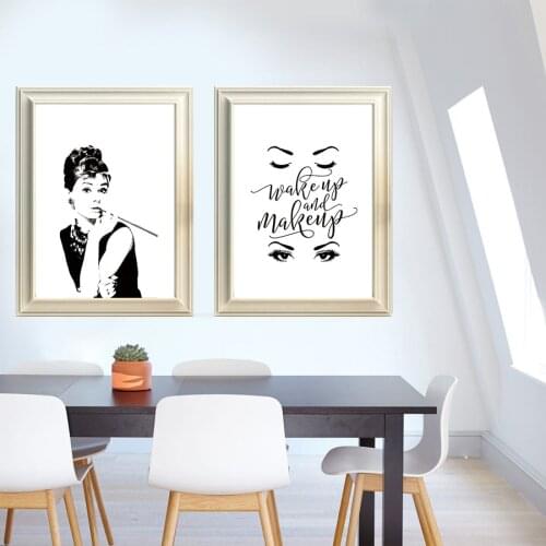 Retro Simple Audrey Hepburn Make Up Beauty Creative Painting Living Room Porch Background Black and White Decorative Canvas Art