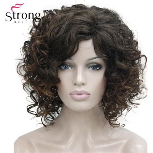 StrongBeauty Short Thick Dark Brown with Highlights Super Curly Layered Full Synthetic Wig for Women