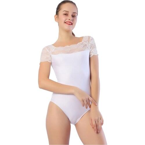 Speerise Womens White Lace Basic Ballet Leotard Short Sleeve Stretch Gymnastics Leotards Black Sexy Bodysuit Sport Dance wear