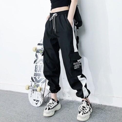 Street Hip Hop Punk Woman Pants Skateboarding Drawstring Sweatpants Black White 2Colours Stripe Letter Pattern Both Side Pockets