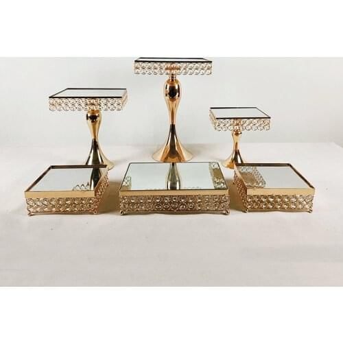 Mirror Cake Stand Holder 6pcs square Metal Crystal Rhinestones Cupcake Dessert Fruit Serving Plate for Wedding Birthday Party