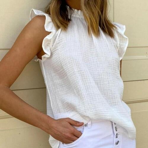 Ruffles Sleeveless Women Blouse Elegant Pleated Turtleneck Summer Lady Blouses T-shirt Pullover Top 2021 Spring Summer shirts