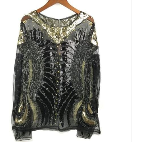 Womens Luxury Vintage Shiny sequins paillette Beaded Shirt Female Club Party Dancing Performance Pullover lace Tops Tees TB589
