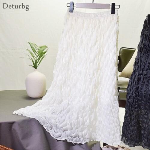 Womens Vintage Wave Pleated Midi Skirt Female Casual Japanese Style High Waist Kawaii Harajuku Black Skirts 2020 Spring SK280