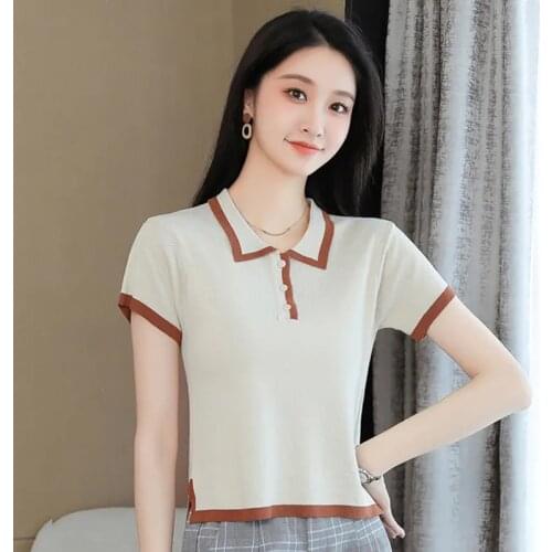 Women Elegant Polo Collar Short Knit T-Shirt Casual Short Sleeve Button Knitwear Tops Chic Korean Style Summer Knit Pullovers