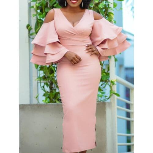 Women Party Long Dresses V Neck Cold Shoulder Flare Sleeves Ruffles Bodycon Sheath Slim Celebrate Event Occasion Female African
