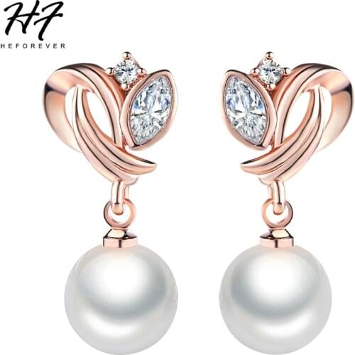 Vintage Simulated Pearl Beads Drop Earrings Fashion CZ Crystal Rose Gold Color Crystal Jewelry For Women HotSale E224 E166