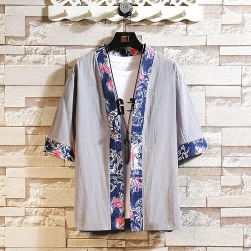 #4764 White Black Grey Plus Size 4XL 5XL Vintage Shirts Men Cotton Loose Chinese Style Kimono Mens Shirts Short Sleeved Summer