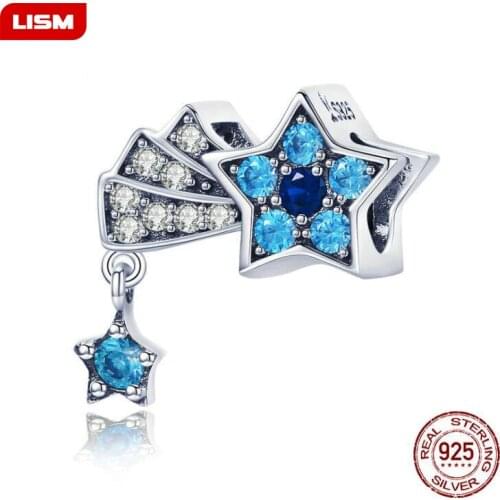 New Arrival Authentic 925 Sterling Silver Blue CZ Star Beads fit Necklaces & bracelet Jewelry Gift Accessories Making Lovers