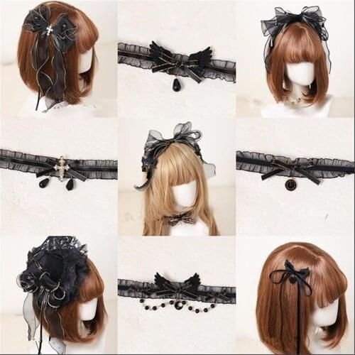 Black Gothic Lolita Lace Trim KC hair pin Bow Handmade necklace Hair Accessories Headwear Womens Headdress B974