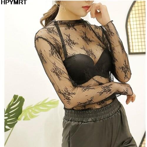 T shirt women 2020 new summer sexy lace top tshirt transparent mesh gown bottoming tshirt female fashion long sleeve t-shirt