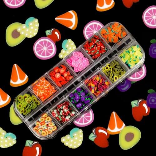 Mixed Fruit Polymer Soft Clay 12 Grid Clay Slice Flakes for Nail Art UV Epoxy Resin Silicone Mold Flakes Clay Making Craft DIY