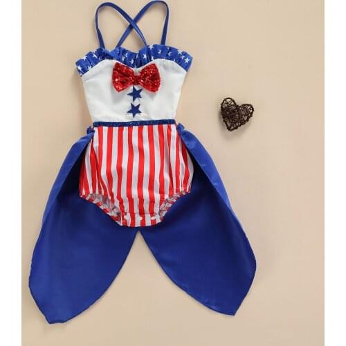 Toddler Baby Girls Boys Camisole Romper Independence Day with Bow Decoration Vertical Stripes Printing Infant Summer Clothing