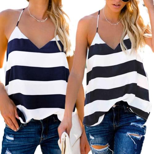 Summer Women Fashion V-Neck Tops Casual Blue White Sleeveless Backless Tank Tops Sexy Loose Spagthetti Strap Tops