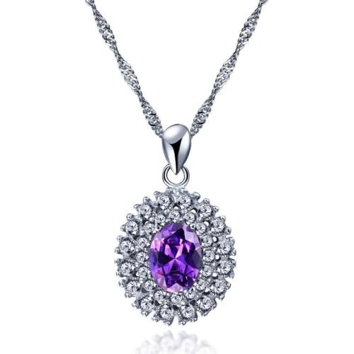 Fashion 925 Sterling Silver Necklaces For Women Egg-shaped Red/Purple AAA Zircon Paved Cubic Zirconia Pendant Necklace LN501121