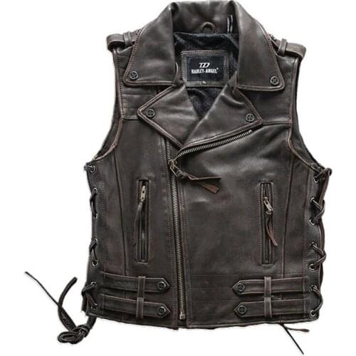 Motorcycle Genuine Leather Vest Mens 2021 New Oblique Zipper Distressed Cowhide Vest