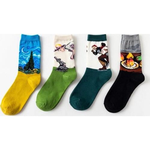 2018 spring and autumn retro oil painting starry two boys rabbit apple plate cotton socks personality mens socks