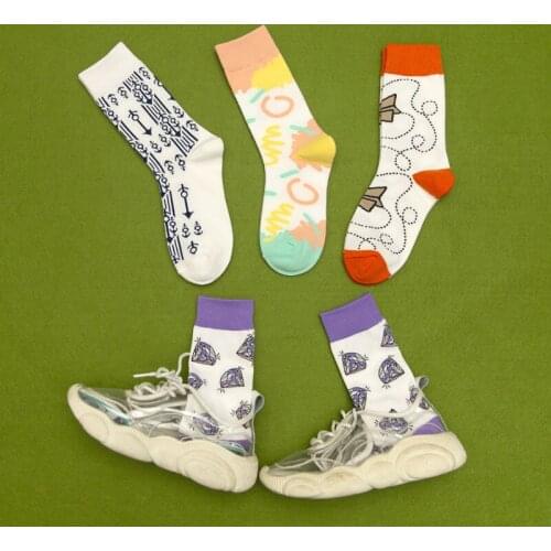 Original Design Cartoon Pattern Spring Autumn Arrows Diamond Jacquard Cute Girl Cotton Harajuku INS Fashion Middle Tube Socks