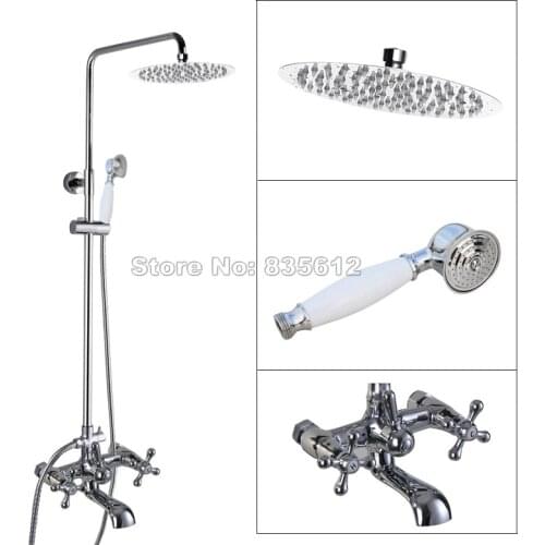 NEW Chrome Brass Bathroom Shower Rainfall Faucet Set with Dual Handle Bathtub Mixer Tap + Ceramic Handheld Spray Wcy322