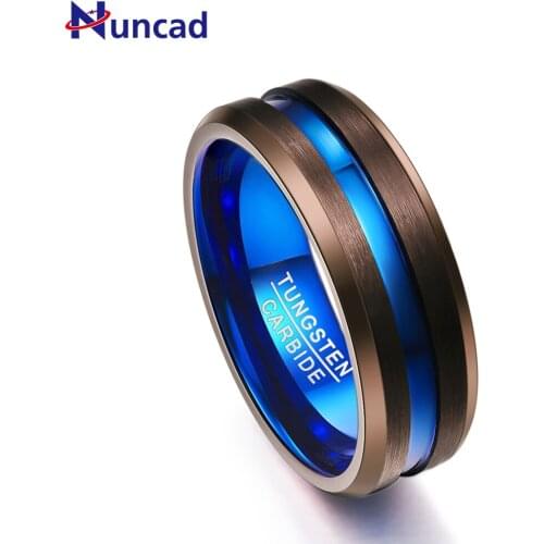 Nuncad 8MM wide plated matte surface brown tungsten steel ring with blue groove T083R with angled size 7-12 for mens Jewelry