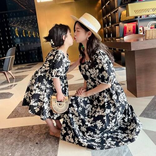 Family Matching Dress Classic Ink Print Dresses for Mum and Daughter Summer Fashion Family Dress for Mother Daughter Women Dress