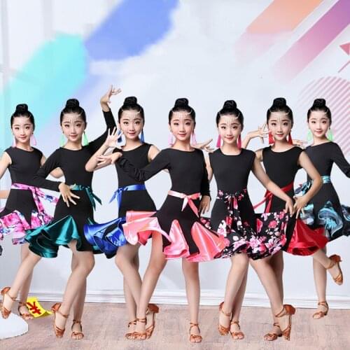 Kids Child Girls Latin Dance Dress Floral Latin Dance Clothes Sexy Salsa Costume Black Red Competition Ballroom Tango Dresses