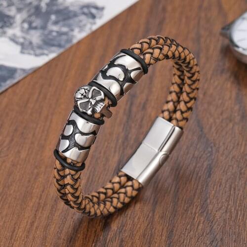 TeHao Popular Bohemian Style 316 Stainless Steel Mens Bracelet Bangle Ghost Head Accessory Braided Wine Leather Ladies Bracelet