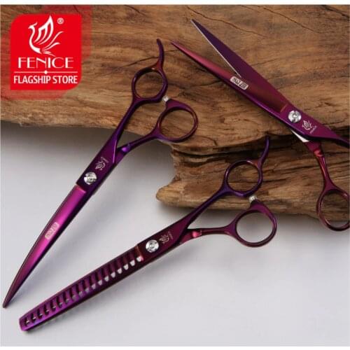 Fenice Professional Pet Grooming Scissors Set Purple Curved+Thinning+Cutting Shears Kit for Dog