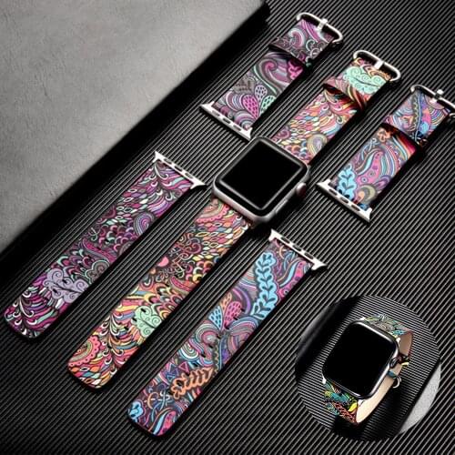 Genuine Leather Watchband for Apple Watch 44mm 40mm 38mm 42mm Women Men Flower Print Band Strap Bracelet for iwatch 5 4 3 2 1