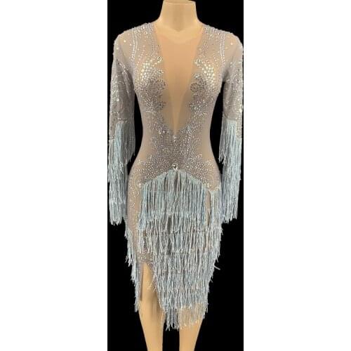Silver Rhinestones Fringes Dress Women Prom Evening Birthday Party Dress Performance Singer Dancer Sexy See Through Mesh Dresses