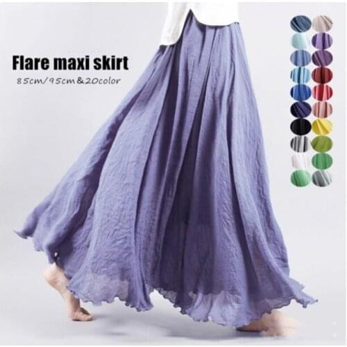 23 Colors Plus Size Womens Cotton Linen Skirt Elastic Waist Linen Solid Color A-line Dance Long Flared Maxi Pants Short Dress