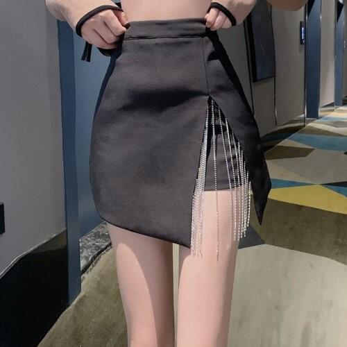 High Waist Skinny A-line Women Skirts Summer Plus Size Tassel Split Elegant All-match Flash Diamond Rhinestone Chain Slim Skirt
