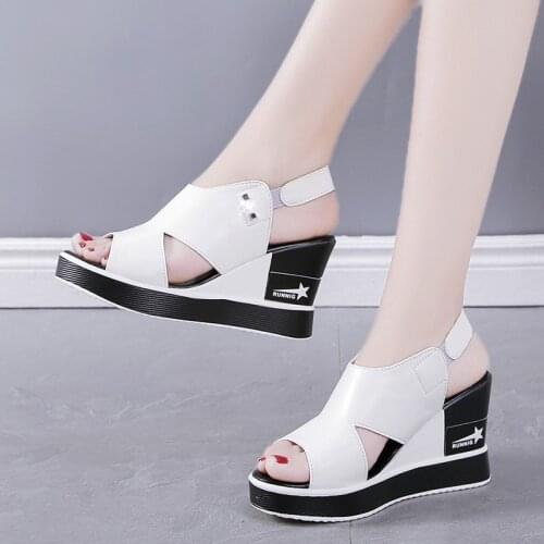 2021 Summer Shoes Women Wedges Heels Sandals Young Ladies Casual Sandals Open Toe Black White Shoes Wedge Heel 8.5cm