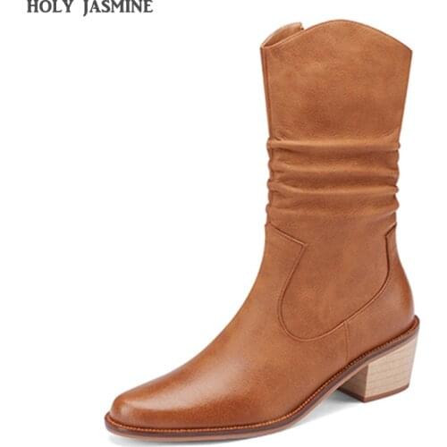 2021 New Women Western Boots Fashion Pointed Toe Thick Heel Women Show Thin Medium Boots High Boots Side Zipper Women Shoes 5CM