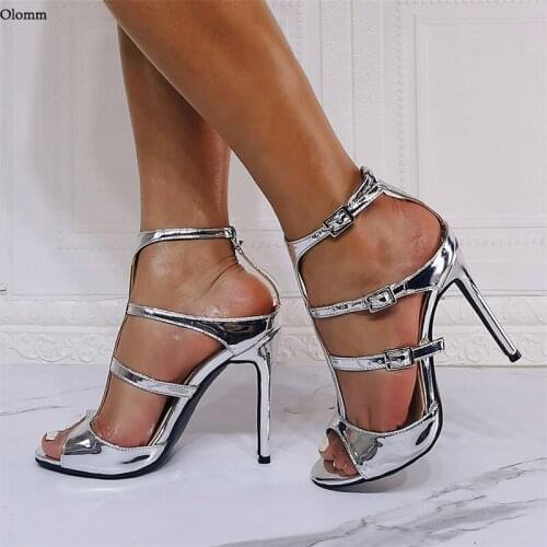 Olomm New Women Summer Gladiator Sandals Sexy Thin High Heels Sandals Open Toe Silver Dress Party Shoes Women US Plus Size 5-15