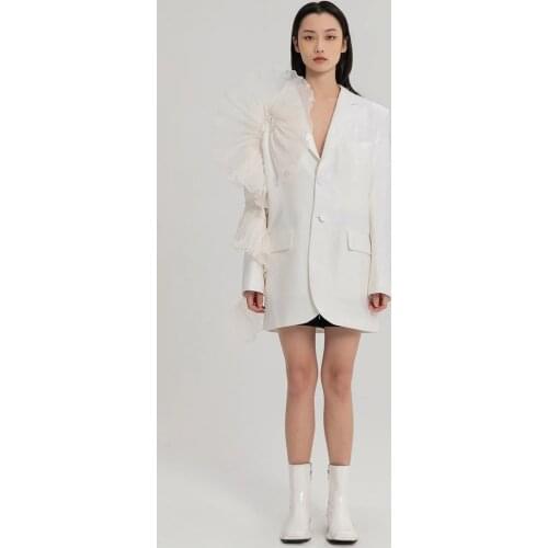 Autumn Luxury 2021 Women High Quality Sheer Organza Patchwork White Blazer Jacket Ladies Casual Coat Gdnz 5.23