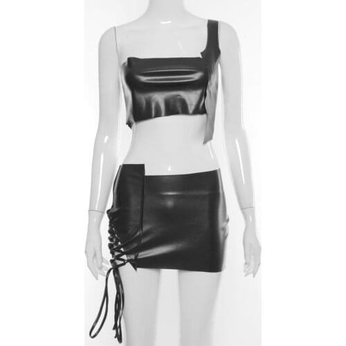 Womens Fashion PU Leather Two-piece Suit Clubwear Pole Rave Party One Shoulder Sleeveless Crop Top with Lace-up Side Mini Skirt