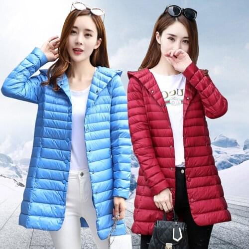 Women Down Jacket Ultra Light White Duck Down Long Coat Thin Overcoat Slim Solid Autumn Winter Hooded Outwear Portable Parkas