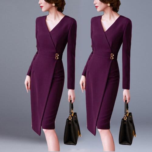 Women 2021 Autumn Elegant Long Sleeve Slim Dress Female New V-neck Solid Color Vestidos Ladies Sexy Package Hip Dresses D823