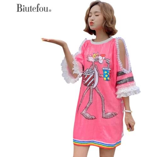 2021 Summer Women Sequins Patch Designs Hollow Out Lace Dress