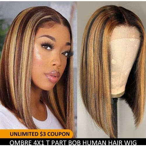 Straight Bob Lace Closure Wig Highlight Brazilian Straight Ombre Human Hair Lace Bob 4x1 T Part Human Hair Wig for Black Women