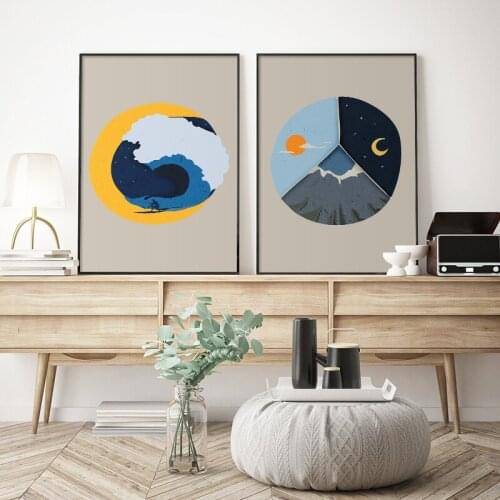 Abstract Sun and Moon Landscape Mountain Poster Canvas Print Painting Wall Art Geometric Pictures For Living Room Home Decor