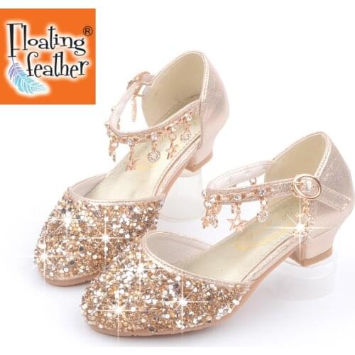 Princess Kids Leather Shoes For Girls Casual Glitter Children High Heel Dance Girls Shoes Pendant Rhinestones Gold Pink Silver